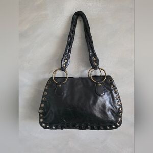 Black Smooth Leather Big Ring Grommet Trim Braided Handle Shoulder HandBag 12x8